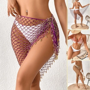 Pareo de malla hecho a mano con cuentas doradas para ropa de baño de playa y vacaciones