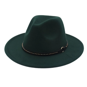 Detailed shot of dark green wool felt fedora with gold rivets and metal ring on black belt