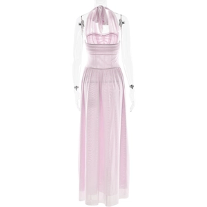 Detail of pink halter neck dress back showing elegant pleated chiffon and waist tie