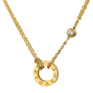 Gold titanium steel necklace with LOVE engraved circular pendant and diamond accents