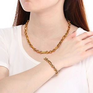 Elegant gold-colored stainless steel necklace and bracelet set with link chain design