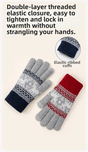 Detail of double-layer ribbed elastic cuffs on knitted Christmas gloves with snowflake patterns