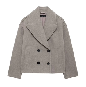 Detail of grey short wool blend coat with double-breasted buttons and peaked lapels
