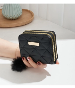 Close-up of black quilted wallet with double zippers and gold metal plate detail