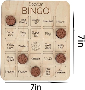 Close-up of wooden Soccer Bingo board game showing engraved terms and 7-inch dimensions