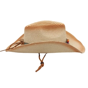 Detail of western straw cowboy hat with ethnic beads, tassel trim and chin strap