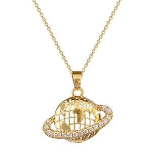 Titanium steel necklace with sparkling planet globe pendant and zircon ring on gold chain