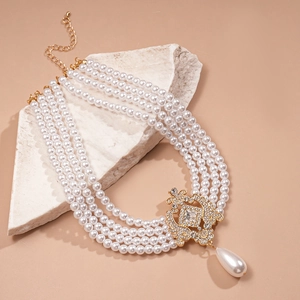 Elegant multi-layer baroque pearl necklace with gold rhinestone clasp and teardrop pendant