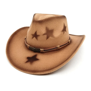 Chapeau de cowboy marron en feutre de laine avec motifs d'étoiles rétro et ruban en cuir