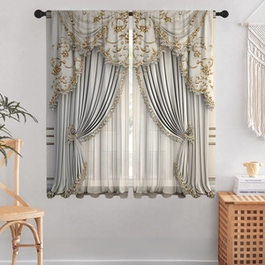 Detail of European curtains with gold embroidery, tassels, and matching valance