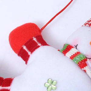 Christmas snowman plush ornament with red felt hat and striped knit scarf decor