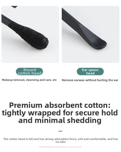 Detailed macro view of dual-head cotton swabs featuring a round cotton tip and plastic ear pick