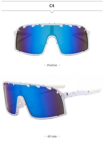 Close-up of white frame sports sunglasses with blue colorful lenses from multiple angles