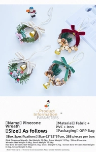 Close-up of Christmas pinecone wreaths with fabric bows and berries for festive decor