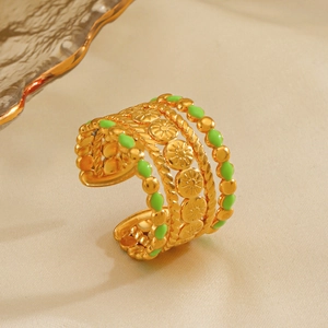 Vintage gold sunflower ring with green enamel, bohemian stainless steel open band style