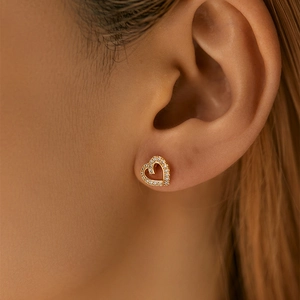 Minimalist 18K gold-plated brass heart earrings with pavé zircon stones for women