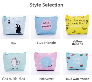 Set of 6 cartoon PU coin purses with cat and fruit prints and zipper closures