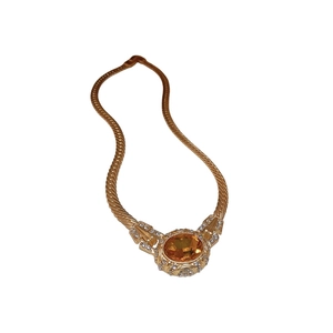 Vintage gold necklace with oval yellow gemstone and sparkling crystal accents for women