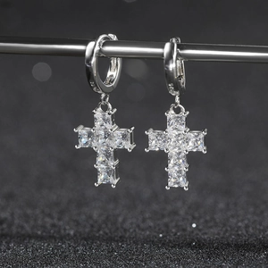 Sparkling S925 sterling silver cross drop earrings with high-grade zircon stones