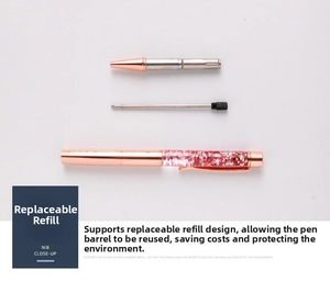 Detailed breakdown showing rose gold pen components with refillable ink feature