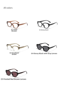 Collection of cat-eye sunglasses and frames in brown, black, green, and red-brown tints