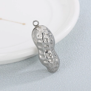 Minimalist silver peanut shaped stainless steel pendant charm shown from a front angle