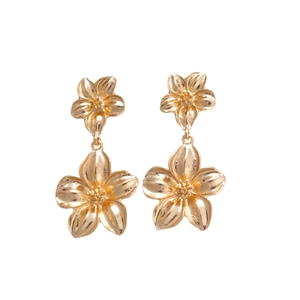 Elegant gold double layer flower drop earrings with a metallic embossed floral design