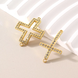 Vintage 18K gold plated stainless steel hollow cross pendants with sparkling crystals