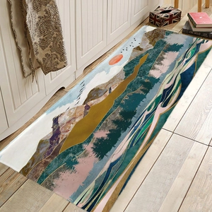 Absorbent flannel runner rug with nordic mountain landscape and non-slip backing