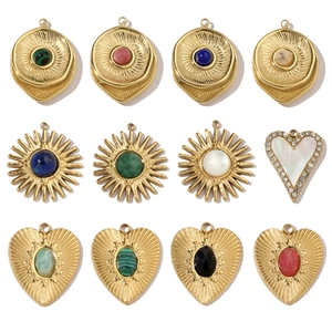 Vintage Heart Sunburst DIY Pendant Charm Stainless Steel Natural Stone Shell Rhinestone Bohemian Jewelry Making