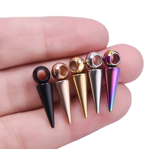 Set of five conical stainless steel pendants in black rose gold gold silver and rainbow
