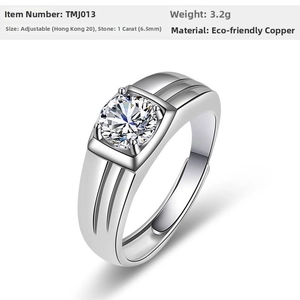 Detail view of adjustable silver ring showing 1ct zircon stone and copper material specs