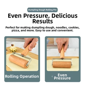 Detail view of beech wood rolling pin with stainless steel bracket for pizza and dough
