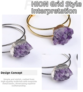 Macro detail of natural raw amethyst cluster cuff bracelet in gold and silver plating