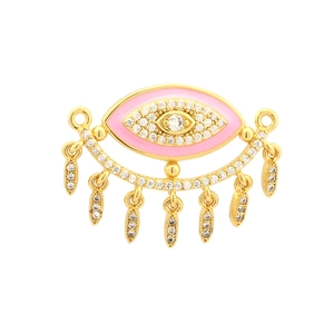 Close-up of gold-plated eye pendant with pink enamel and sparkling zircon tassels