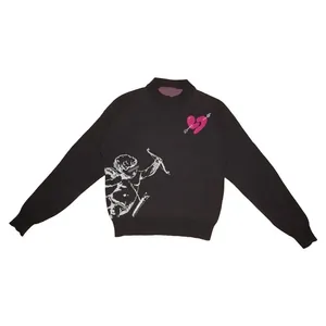 Maglione nero Y2K in maglia con motivo jacquard cuore rosa e Cupido bianco stampato