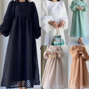 Women Maxi Dress 3D Popcorn Textured Round Neck Puff Long Sleeve Solid Color Elegant Flowy Big Hem For Spring