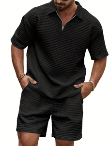 Detail of black waffle knit fabric texture on men's zipper polo collar summer set