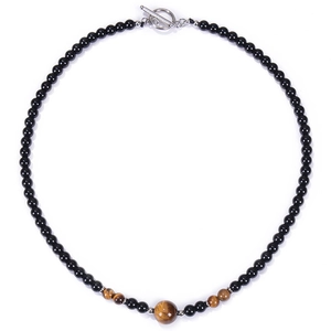 Close-up of 6mm black obsidian and tiger eye stone beads necklace with silver toggle clasp