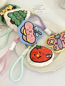 Cartoon plush charm set with embroidered fruit and trees on colorful braided lanyards