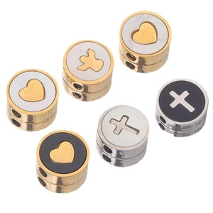 DIY stainless steel round enamel beads with heart and cross patterns in gold and silver