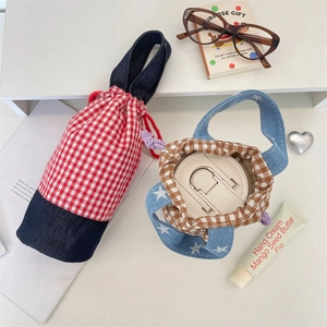 Plaid canvas drawstring water bottle bags with handle and durable denim patchwork design