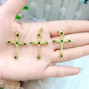 18K gold plated cross pendant necklace set with oval green emerald and white zircon