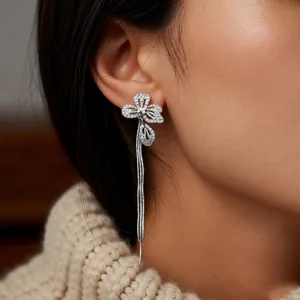 Silver flower tassel earrings with zircons and pearls, luxury dangling floral ear jewelry