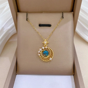 Elegant Star Moon Planet Pendant Necklace Stainless Steel Copper Zircon Blue Stone Jewelry For Women