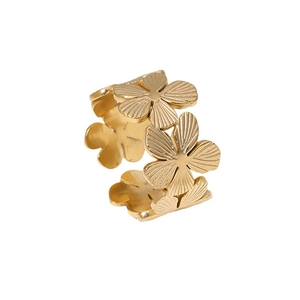 18K gold plated stainless steel floral open ring with brushed texture on white background