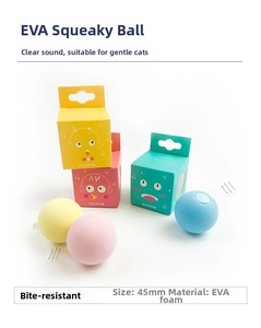 Detailed 45mm EVA cat toy balls set in yellow, pink and blue with cartoon packaging