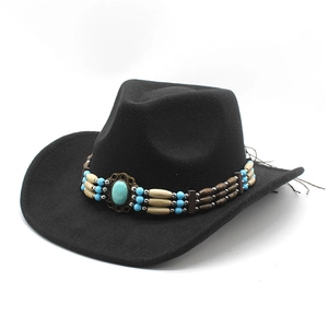 Chapeau De Cowboy Western Feutre De Laine Bohème Perlé Bande Turquoise Bord Large Fedora Style Rétro Hommes Femmes
