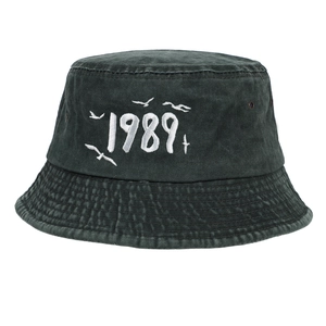 Vintage dark gray washed cotton bucket hat with white 1989 embroidery and seagull icons