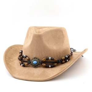 Western camel suede cowboy hat with turquoise beaded band shown at a 45-degree angle
